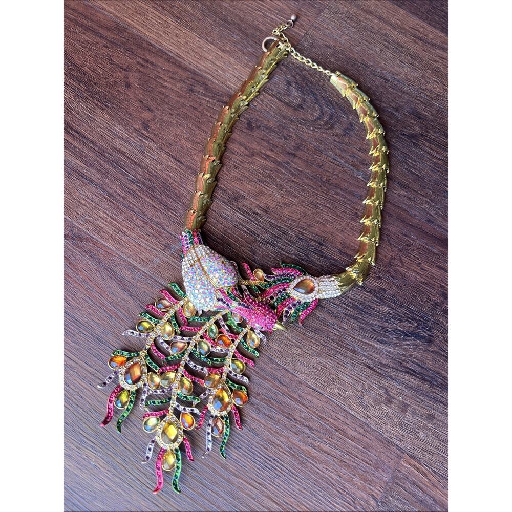 Multicolor Crystal & Rhinestone Statement Peacock Bird Necklace Statement Peice